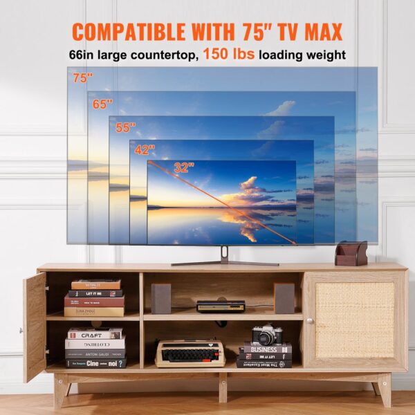 VEVOR Rattan-TV-Ständer 191cm Fernseher Boho-TV-Schrank Fernsehschrank Eiche – Bild 4