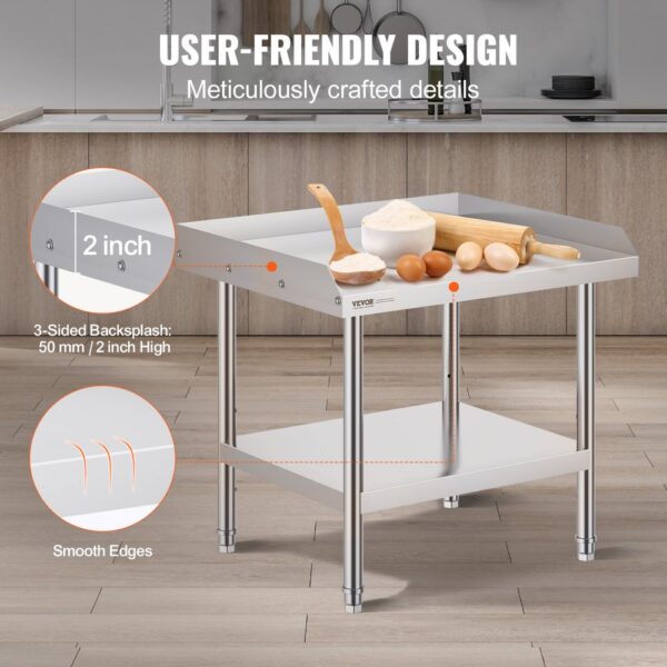 VEVOR Arbeitstisch aus Edelstahl, gewerblicher Arbeitstisch zur Lebensmittelzubereitung, 610 x 711 x 660 mm 3-seitiger Spritzschutz, robuster Zubereitungstisch Arbeitstisch mit einstellbarer Höhe – Bild 4