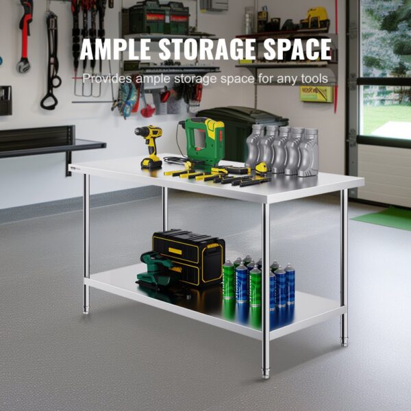 VEVOR Zubereitungstisch aus Edelstahl, Robuster Arbeitstisch aus Metall mit 3 einstellbaren Höhenstufen, gewerbliche Arbeitsstation für Küche, Garage, Restaurant, Hinterhof 762 x 1524 x 864 mm – Bild 4