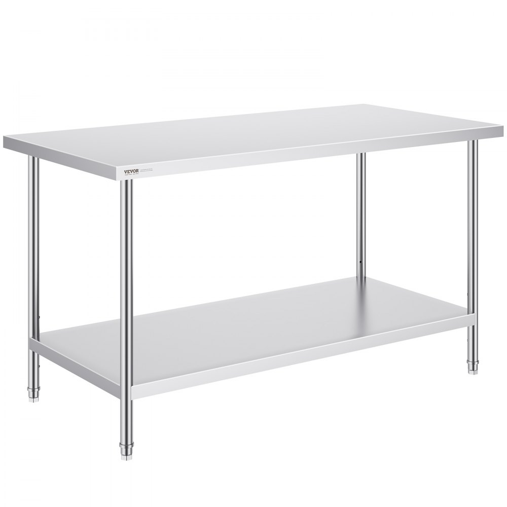 VEVOR Zubereitungstisch aus Edelstahl, Robuster Arbeitstisch aus Metall mit 3 einstellbaren Höhenstufen, gewerbliche Arbeitsstation für Küche, Garage, Restaurant, Hinterhof 762 x 1524 x 864 mm