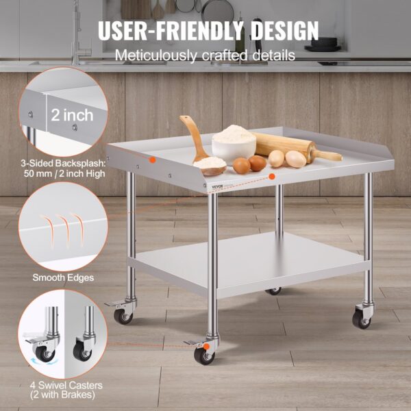 VEVOR Arbeitstisch aus Edelstahl, gewerblicher Arbeitstisch zur Lebensmittelzubereitung mit 4 Rädern, Lenkrollen, 3-seitiger Spritzschutz, 762 x 914 x 762 mm Arbeitstisch für Restaurants, Hotels – Bild 4