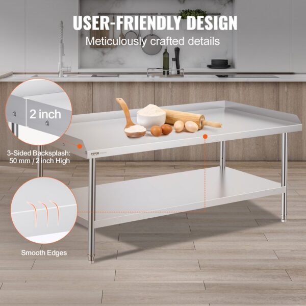 VEVOR Arbeitstisch Edelstahl, gewerblicher Arbeitstisch zur Lebensmittelzubereitung, 3-seitiger Spritzschutz, Arbeitstisch für Restaurants, Zuhause, Hotels 762 x 1524 x 660 mm – Bild 4 VEVOR Arbeitstisch Edelstahl, gewerblicher Arbeitstisch zur Lebensmittelzubereitung, 3-seitiger Spritzschutz, Arbeitstisch für Restaurants, Zuhause, Hotels 762 x 1524 x 660 mm – Bild 4