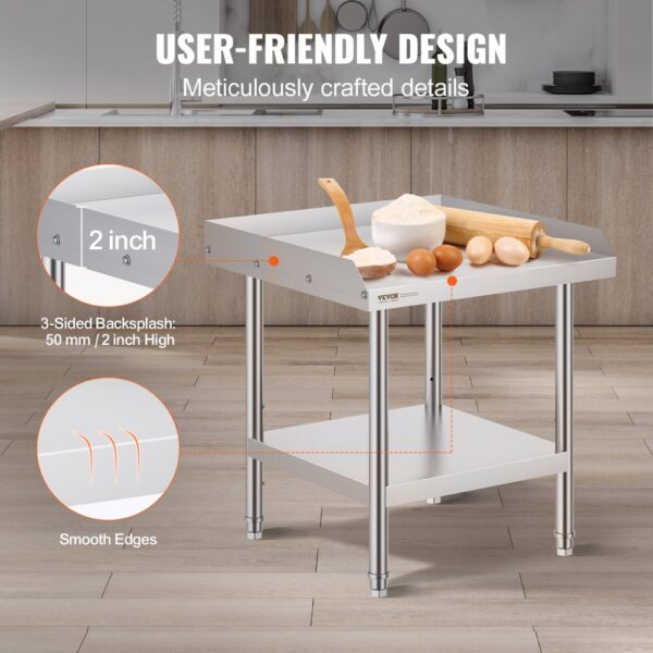 VEVOR Arbeitstisch aus Edelstahl, kommerzieller Arbeitstisch zur Lebensmittelzubereitung, 3-seitiger Spritzschutz, 610 x 610 x 660 mm Küchentisch, Arbeitstisch mit einstellbarer Höhe für Hotel – Bild 4