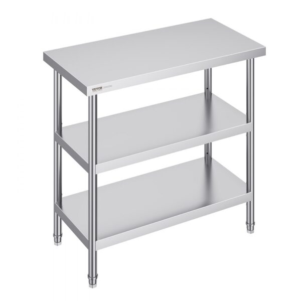 VEVOR Lebensmittel-Zubereitungstisch aus Edelstahl, 457 x 914 x 864 mm gewerblicher Küchenarbeitstisch, mit 2 verstellbaren Unterregalen, robuster Zubereitungstisch aus Metall für Grill, Küche