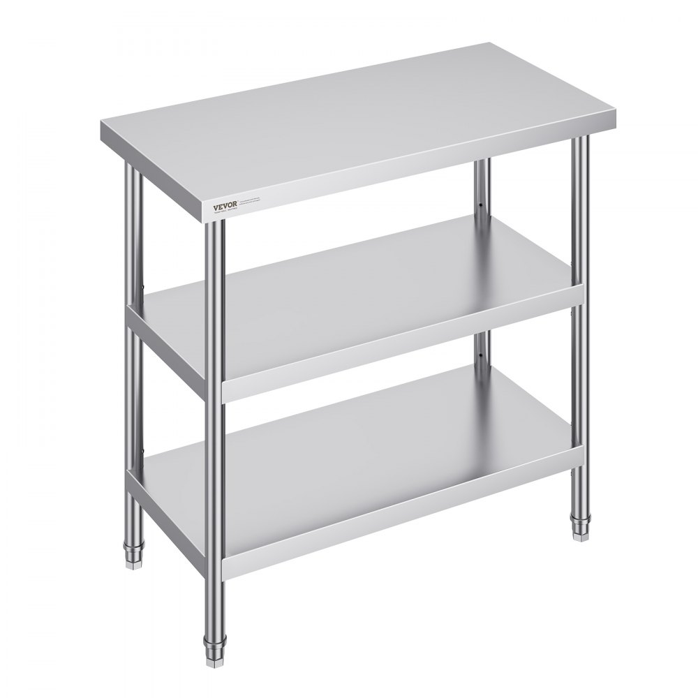 VEVOR Lebensmittel-Zubereitungstisch aus Edelstahl, 457 x 914 x 864 mm gewerblicher Küchenarbeitstisch, mit 2 verstellbaren Unterregalen, robuster Zubereitungstisch aus Metall für Grill, Küche