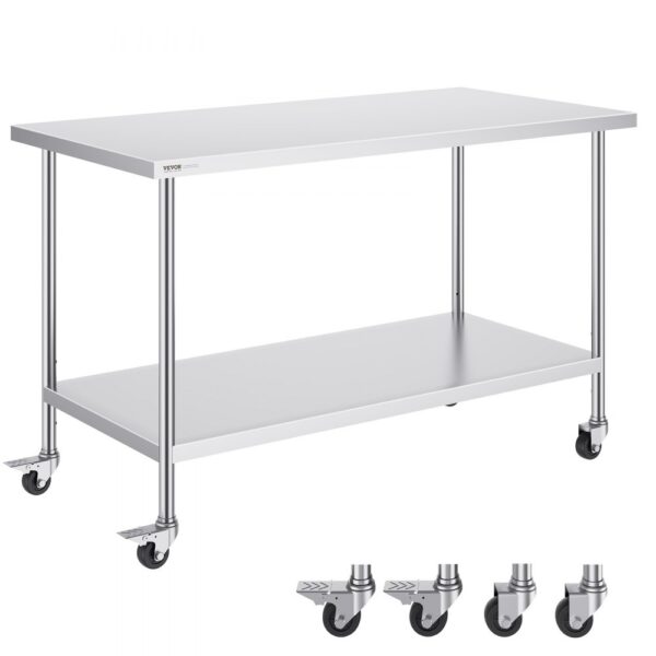 VEVOR Arbeitstisch aus Edelstahl, Zubereitungstisch mit 4 Rädern, 3 einstellbaren Höhenstufen, Arbeitstisch zur Lebensmittelzubereitung für gewerbliche Küchen und Restaurants 762 x 1524 x 954,6 mm