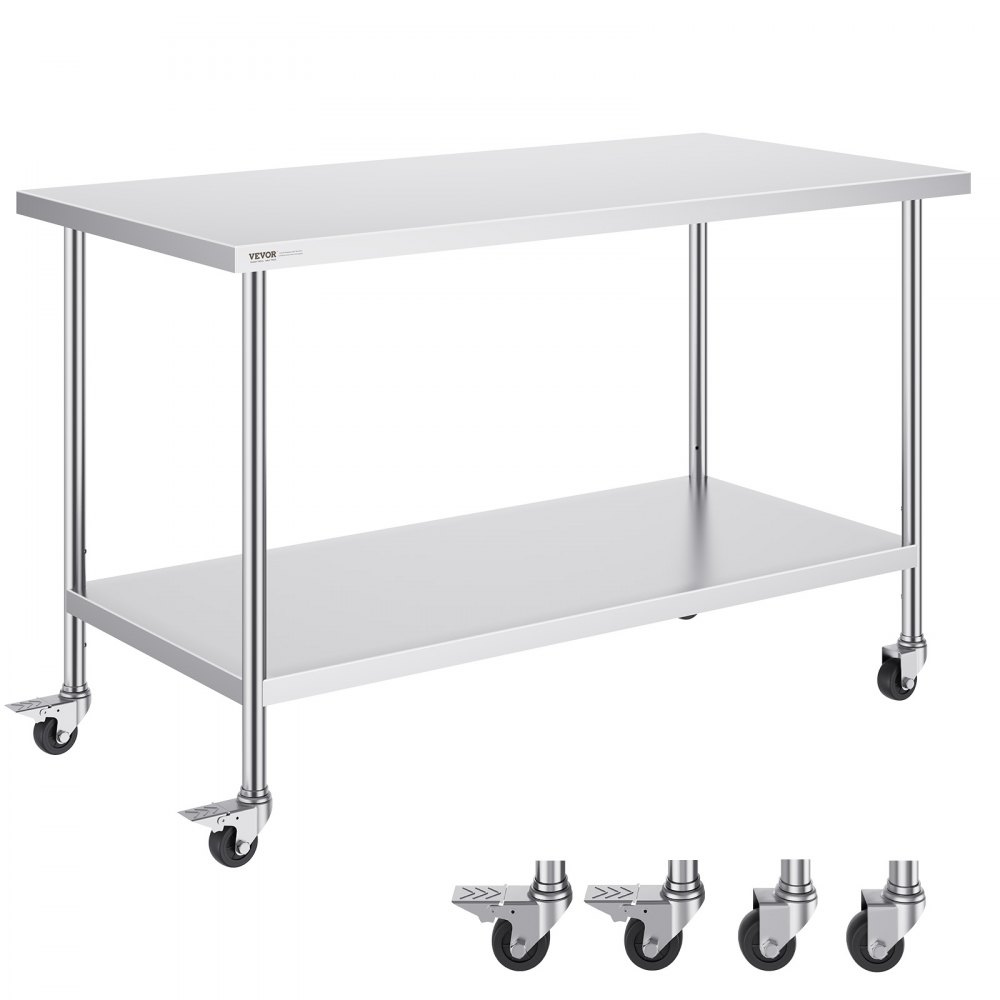 VEVOR Arbeitstisch aus Edelstahl, Zubereitungstisch mit 4 Rädern, 3 einstellbaren Höhenstufen, Arbeitstisch zur Lebensmittelzubereitung für gewerbliche Küchen und Restaurants 762 x 1524 x 954,6 mm