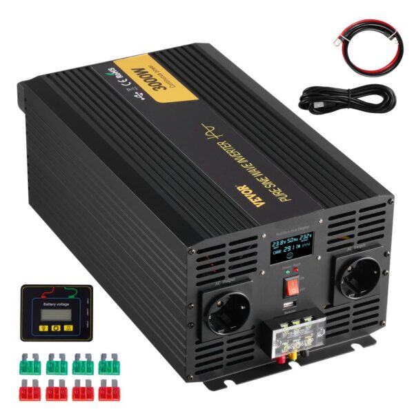 VEVOR Wechselrichter mit reiner Sinuswelle, 3000 Watt, DC 24 V auf AC 230 V, Wechselrichter fürs Auto, mit USB-Anschluss, LCD-Display, Fernbedienung und EU-Steckdosen, für Wohnmobil, LKW, Auto, Solaranlage, Reisen, Camping