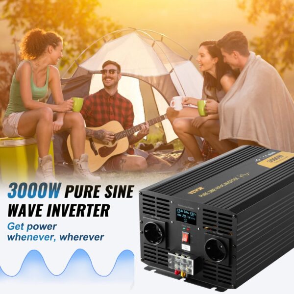 VEVOR Wechselrichter mit reiner Sinuswelle, 3000 Watt, DC 24 V auf AC 230 V, Wechselrichter fürs Auto, mit USB-Anschluss, LCD-Display, Fernbedienung und EU-Steckdosen, für Wohnmobil, LKW, Auto, Solaranlage, Reisen, Camping – Bild 2