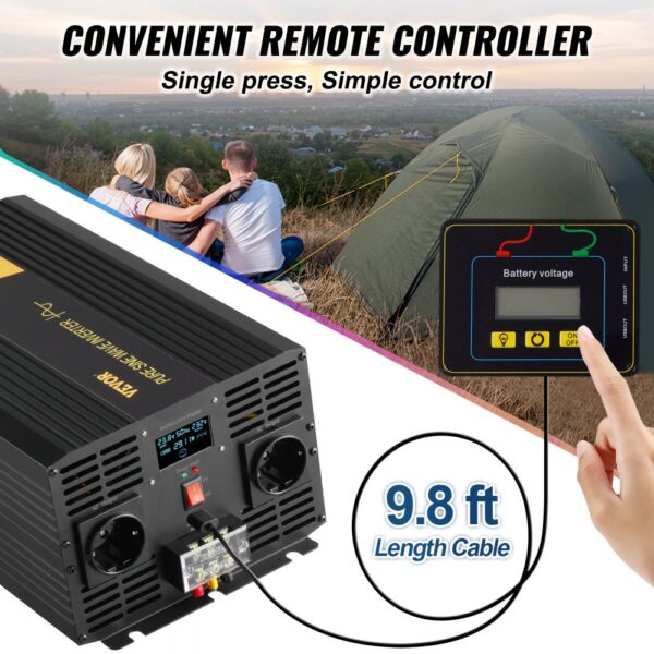 VEVOR Wechselrichter mit reiner Sinuswelle, 3000 Watt, DC 24 V auf AC 230 V, Wechselrichter fürs Auto, mit USB-Anschluss, LCD-Display, Fernbedienung und EU-Steckdosen, für Wohnmobil, LKW, Auto, Solaranlage, Reisen, Camping – Bild 4