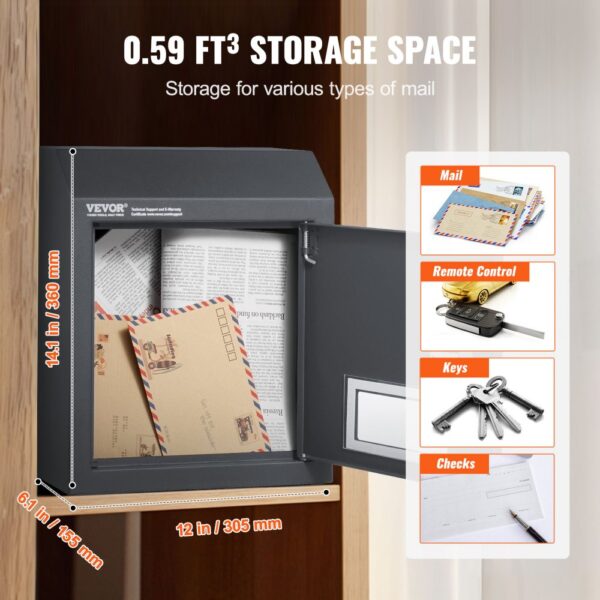 VEVOR Einbau-Türbriefkasten, 305 x 155 x 360 mm, Briefkasten für die Türdurchführung, 43 mm, robuster Stahl, Zahlencode-Schloss für Briefe, Schlüssel, Zuhause, Büro, Dunkelgrau – Bild 3