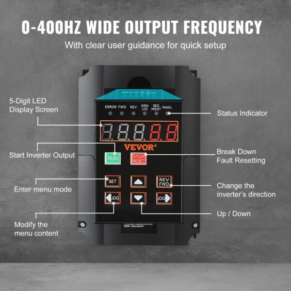 VEVOR Frequenzumrichter VFD 10 PS, 7,5 kW, 35 A, 1- oder 3-phasiger 220-V-Eingang auf 3-phasigen 220-V-Ausgang, 40-60-Hz-Eingang, 0-400-Hz-Ausgang, VFD für Spindelmotor-CNC-Drehzahlregelung – Bild 3