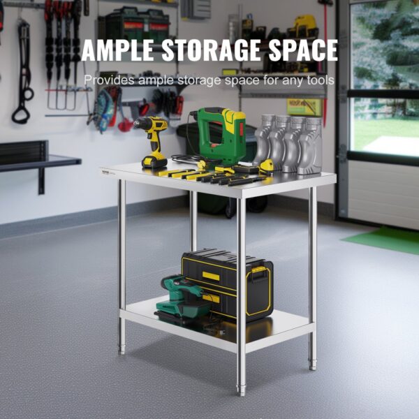 VEVOR Zubereitungstisch aus Edelstahl, 61 x 91 x 86 cm, 340 kg Tragkraft, robuster Metall-Arbeitstisch mit 3 einstellbaren Höhenstufen, gewerbliche Arbeitsstation für Küche, Garage, Restaurant, Hinter – Bild 4