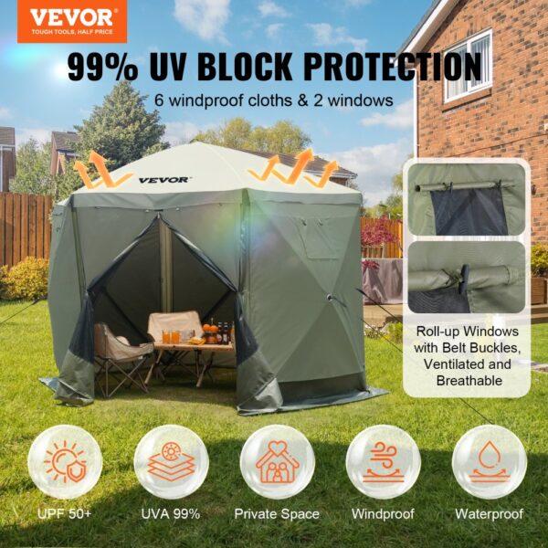 VEVOR Pop-Up-Pavillonzelt, Pop-Up-Zelt mit 6-seitigem Baldachin, Sonnenschutz mit 6 abnehmbaren Sichtschutz-Windtüchern und Netzfenstern, 10 x 10 Fuß, Schnellaufbau-Zelt mit Moskitonetz, Armeegrün – Bild 2