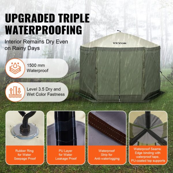 VEVOR Pop-Up-Pavillonzelt, Pop-Up-Zelt mit 6-seitigem Baldachin, Sonnenschutz mit 6 abnehmbaren Sichtschutz-Windtüchern und Netzfenstern, 10 x 10 Fuß, Schnellaufbau-Zelt mit Moskitonetz, Armeegrün – Bild 3