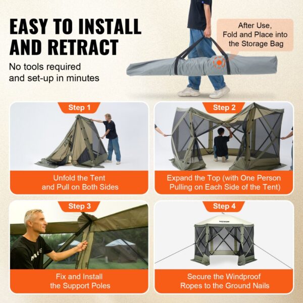 VEVOR Pop-Up-Pavillonzelt, Pop-Up-Zelt mit 6-seitigem Baldachin, Sonnenschutz mit 6 abnehmbaren Sichtschutz-Windtüchern und Netzfenstern, 10 x 10 Fuß, Schnellaufbau-Zelt mit Moskitonetz, Armeegrün – Bild 5