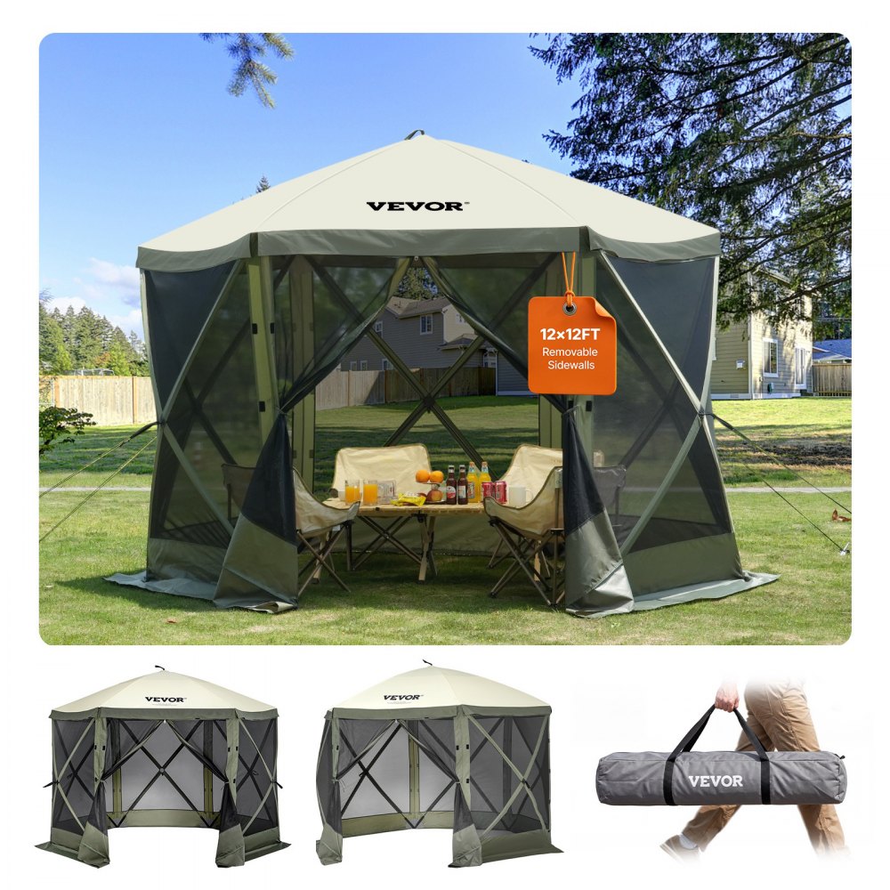 VEVOR Pop-Up-Pavillonzelt, Pop-Up-Zelt mit 6-seitigem Baldachin, Sonnenschutz mit 6 abnehmbaren Sichtschutz-Windtüchern und Netzfenstern, 10 x 10 Fuß, Schnellaufbau-Zelt mit Moskitonetz, Armeegrün
