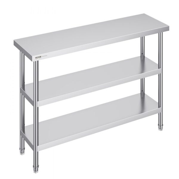 VEVOR Lebensmittel-Zubereitungstisch aus Edelstahl, 356 x 1219 x 864 mm gewerblicher Küchenarbeitstisch, mit 2 verstellbaren Unterregalen, Zubereitungstisch für Grill, Küche, Zuhause und Garage