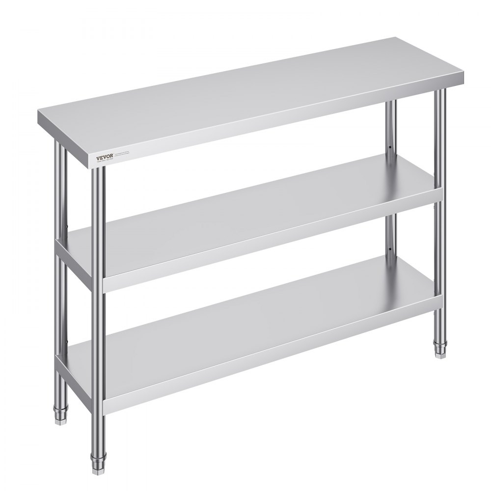VEVOR Lebensmittel-Zubereitungstisch aus Edelstahl, 356 x 1219 x 864 mm gewerblicher Küchenarbeitstisch, mit 2 verstellbaren Unterregalen, Zubereitungstisch für Grill, Küche, Zuhause und Garage