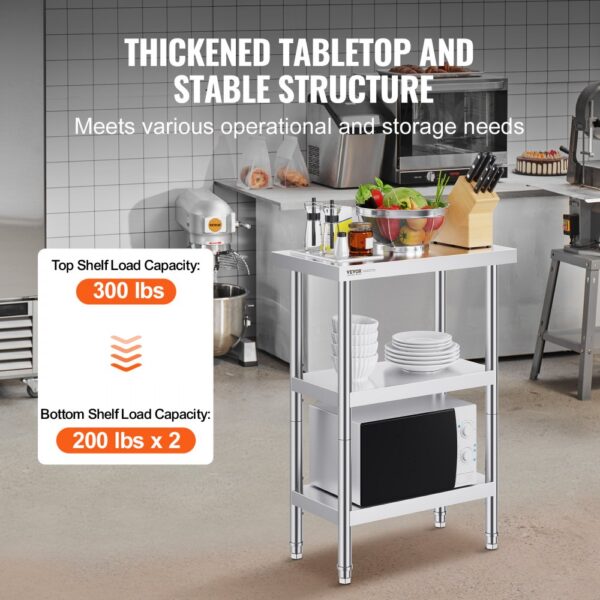 VEVOR Lebensmittel-Zubereitungstisch Edelstahl, Arbeitstisch für gewerbliche Küchen, mit 2 verstellbaren Unterregalen, 356 x 610 x 864 mm Zubereitungstisch aus Metall für Grill, Küche, Zuhause – Bild 3