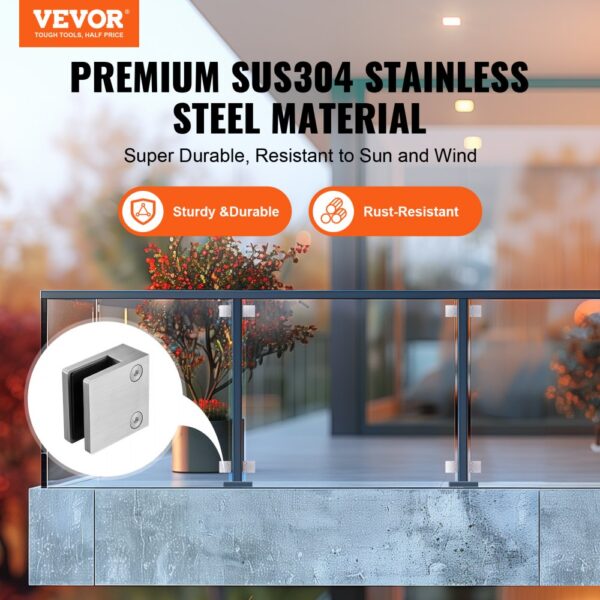 VEVOR Glasklemme, 4 Stück quadratische Glasgeländerhalterung für 0,31"-0,47" gehärtetes Glas, 304 Edelstahl Glasmontageklemme, Glasregalhalterung für Balkon, Garten, Pool, Treppe, Silber – Bild 2