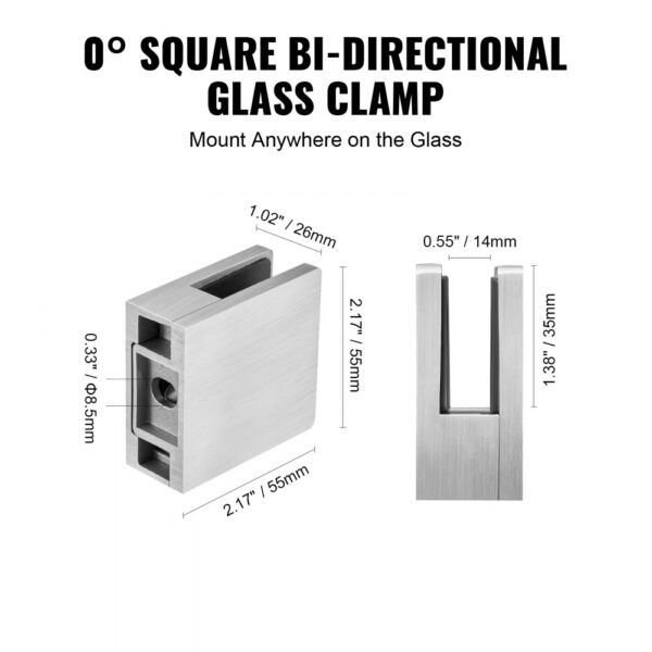 VEVOR Glasklemme, 4 Stück quadratische Glasgeländerhalterung für 0,31"-0,47" gehärtetes Glas, 304 Edelstahl Glasmontageklemme, Glasregalhalterung für Balkon, Garten, Pool, Treppe, Silber – Bild 5