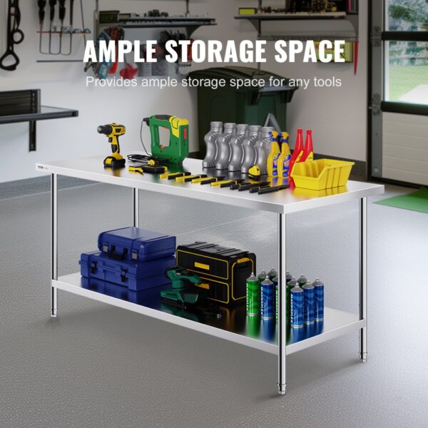 VEVOR Zubereitungstisch aus Edelstahl, Robuster Arbeitstisch aus Metall mit 3 einstellbaren Höhenstufen, Arbeitsstation für Küche, Garage, Restaurant, Hinterhof 762 x 1829 x 864 mm – Bild 4