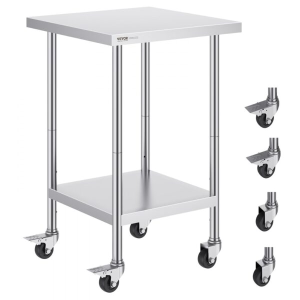 VEVOR Arbeitstisch aus Edelstahl, 61 x 61 x 96,5 cm, Zubereitungstisch Gastro mit 4 Rädern, 3 einstellbaren Höhenstufen, Arbeitstisch zur Lebensmittelzubereitung für gewerbliche Küchen und Restaurant