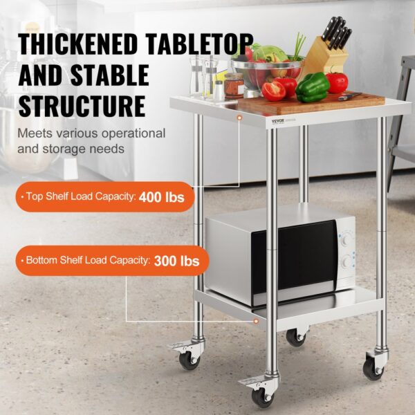 VEVOR Arbeitstisch aus Edelstahl, 61 x 61 x 96,5 cm, Zubereitungstisch Gastro mit 4 Rädern, 3 einstellbaren Höhenstufen, Arbeitstisch zur Lebensmittelzubereitung für gewerbliche Küchen und Restaurant – Bild 3