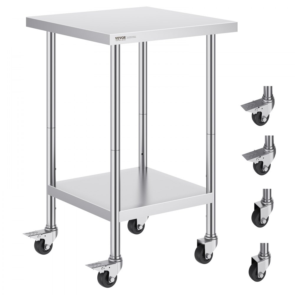 VEVOR Arbeitstisch aus Edelstahl, 61 x 61 x 96,5 cm, Zubereitungstisch Gastro mit 4 Rädern, 3 einstellbaren Höhenstufen, Arbeitstisch zur Lebensmittelzubereitung für gewerbliche Küchen und Restaurant