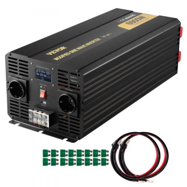 VEVOR Wechselrichter 6000 W, Modifizierter Sinus-Wechselrichter DC 12 V auf AC 230 V Auto-Konverter mit LCD-Display, LED-Anzeigen, EU-Steckdosen, Wechselrichter, für Auto, Wohnmobil, Lkw, Boot, Reisen