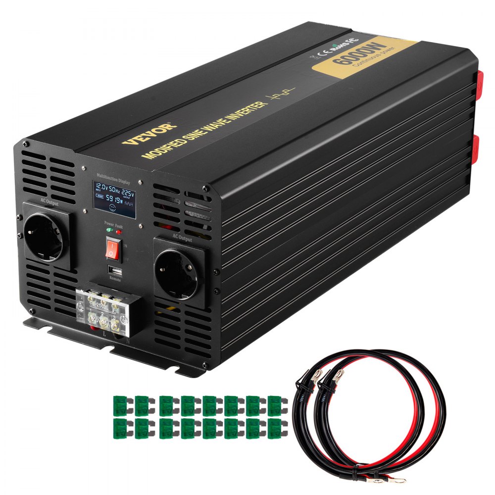 VEVOR Wechselrichter 6000 W, Modifizierter Sinus-Wechselrichter DC 12 V auf AC 230 V Auto-Konverter mit LCD-Display, LED-Anzeigen, EU-Steckdosen, Wechselrichter, für Auto, Wohnmobil, Lkw, Boot, Reisen