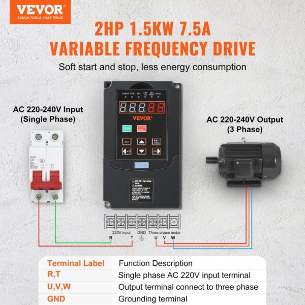 VEVOR Frequenzumrichter VFD 2 PS, 1,5 kW, 7,5 A, 1- oder 3-phasiger 220-V-Eingang auf 3-phasigen 220-V-Ausgang, 40-60-Hz-Eingang, 0-400-Hz-Ausgang, VFD für Spindelmotor-CNC-Drehzahlregelung – Bild 2