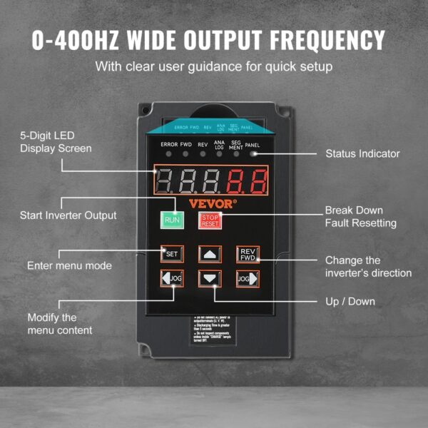 VEVOR Frequenzumrichter VFD 2 PS, 1,5 kW, 7,5 A, 1- oder 3-phasiger 220-V-Eingang auf 3-phasigen 220-V-Ausgang, 40-60-Hz-Eingang, 0-400-Hz-Ausgang, VFD für Spindelmotor-CNC-Drehzahlregelung – Bild 3