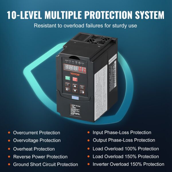 VEVOR Frequenzumrichter VFD 2 PS, 1,5 kW, 7,5 A, 1- oder 3-phasiger 220-V-Eingang auf 3-phasigen 220-V-Ausgang, 40-60-Hz-Eingang, 0-400-Hz-Ausgang, VFD für Spindelmotor-CNC-Drehzahlregelung – Bild 4