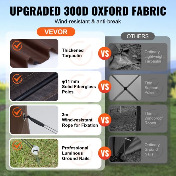 VEVOR Pop-Up-Pavillonzelt, Pop-Up-Zelt mit 6-seitigem Baldachin, Sonnenschutz mit 6 abnehmbaren Sichtschutz-Windtüchern und Netzfenstern, 3,5 x 3,5 m, Schnellaufbau-Zelt mit Moskitonetz, braun – Bild 4