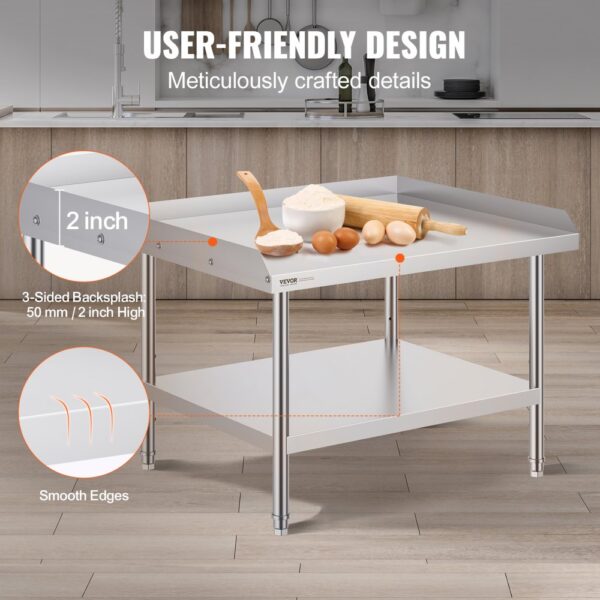 VEVOR Arbeitstisch Edelstahl, gewerblicher Arbeitstisch zur Lebensmittelzubereitung, 3-seitiger Spritzschutz, Arbeitstisch mit einstellbarer Höhe für Restaurants, Zuhause und Hotels 762 x 914 x 660 mm – Bild 4