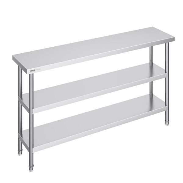 VEVOR Lebensmittel-Zubereitungstisch aus Edelstahl, gewerblicher Küchenarbeitstisch, mit 2 verstellbaren Unterregalen, Zubereitungstisch für Grill, Küche, Zuhause und Garage 356 x 1524 x 864 mm