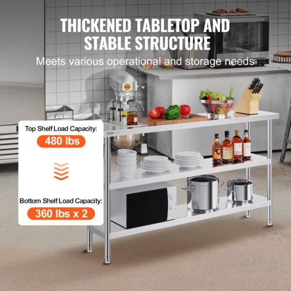 VEVOR Lebensmittel-Zubereitungstisch aus Edelstahl, gewerblicher Küchenarbeitstisch, mit 2 verstellbaren Unterregalen, Zubereitungstisch für Grill, Küche, Zuhause und Garage 356 x 1524 x 864 mm – Bild 3
