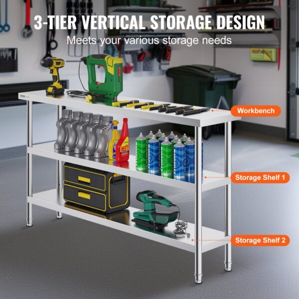 VEVOR Lebensmittel-Zubereitungstisch aus Edelstahl, gewerblicher Küchenarbeitstisch, mit 2 verstellbaren Unterregalen, Zubereitungstisch für Grill, Küche, Zuhause und Garage 356 x 1524 x 864 mm – Bild 4