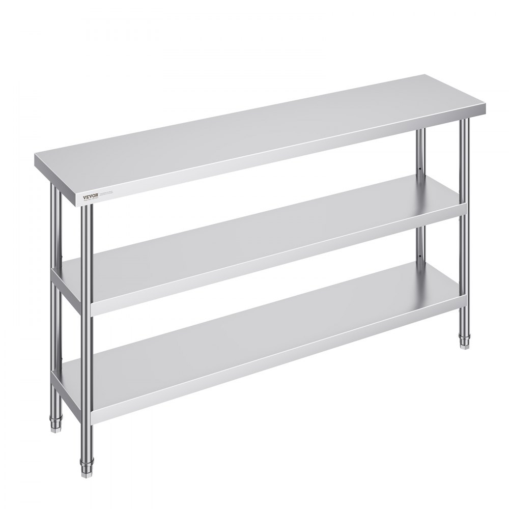 VEVOR Lebensmittel-Zubereitungstisch aus Edelstahl, gewerblicher Küchenarbeitstisch, mit 2 verstellbaren Unterregalen, Zubereitungstisch für Grill, Küche, Zuhause und Garage 356 x 1524 x 864 mm
