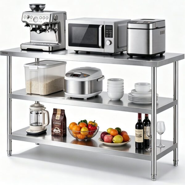 VEVOR Lebensmittel-Zubereitungstisch aus Edelstahl, Gewerblicher Küchenarbeitstisch, mit 2 verstellbaren Unterregalen, 457 x 1219 x 864 mm Zubereitungstisch für Grill, Küche, Zuhause