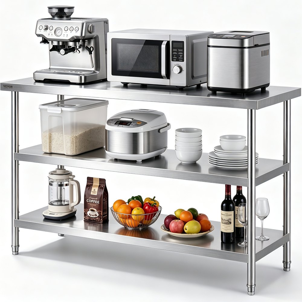 VEVOR Lebensmittel-Zubereitungstisch aus Edelstahl, Gewerblicher Küchenarbeitstisch, mit 2 verstellbaren Unterregalen, 457 x 1219 x 864 mm Zubereitungstisch für Grill, Küche, Zuhause