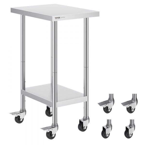 VEVOR Arbeitstisch Edelstahl, Zubereitungstisch 610 x 457 x 954,6 mm, 290 kg Tragkraft, mit 4 Rädern, 3 einstellbaren Höhenstufen, Arbeitstisch zur Lebensmittelzubereitung für gewerbliche Restaurants