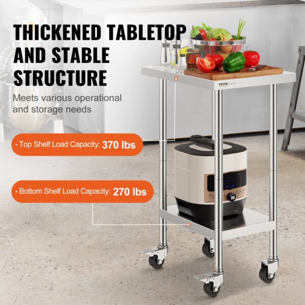VEVOR Arbeitstisch Edelstahl, Zubereitungstisch 610 x 457 x 954,6 mm, 290 kg Tragkraft, mit 4 Rädern, 3 einstellbaren Höhenstufen, Arbeitstisch zur Lebensmittelzubereitung für gewerbliche Restaurants – Bild 3