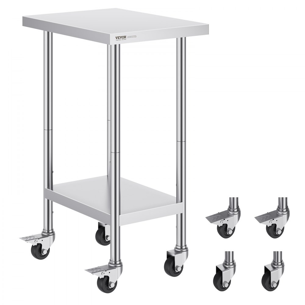 VEVOR Arbeitstisch Edelstahl, Zubereitungstisch 610 x 457 x 954,6 mm, 290 kg Tragkraft, mit 4 Rädern, 3 einstellbaren Höhenstufen, Arbeitstisch zur Lebensmittelzubereitung für gewerbliche Restaurants