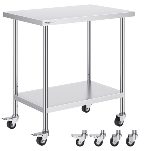 VEVOR Arbeitstisch aus Edelstahl, 610 x 914 x 954,6 mm, Zubereitungstisch mit 4 Rädern, 3 einstellbaren Höhenstufen, Arbeitstisch zur Lebensmittelzubereitung für gewerbliche Küchen und Restaurants