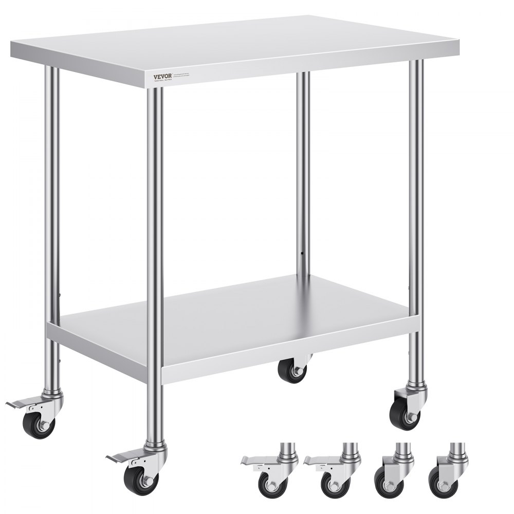 VEVOR Arbeitstisch aus Edelstahl, 610 x 914 x 954,6 mm, Zubereitungstisch mit 4 Rädern, 3 einstellbaren Höhenstufen, Arbeitstisch zur Lebensmittelzubereitung für gewerbliche Küchen und Restaurants