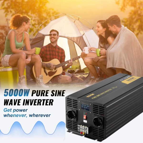 VEVOR Wechselrichter mit reiner Sinuswelle, 5000 Watt, Spannungswandler, DC 12 V auf AC 230 V Auto-Wechselrichter mit LCD-Display, USB-Anschluss und Fernbedienung, Spannungswandler für Auto, Wohnmobil, LKW, Solaranlage, Reisen, Camping – Bild 2