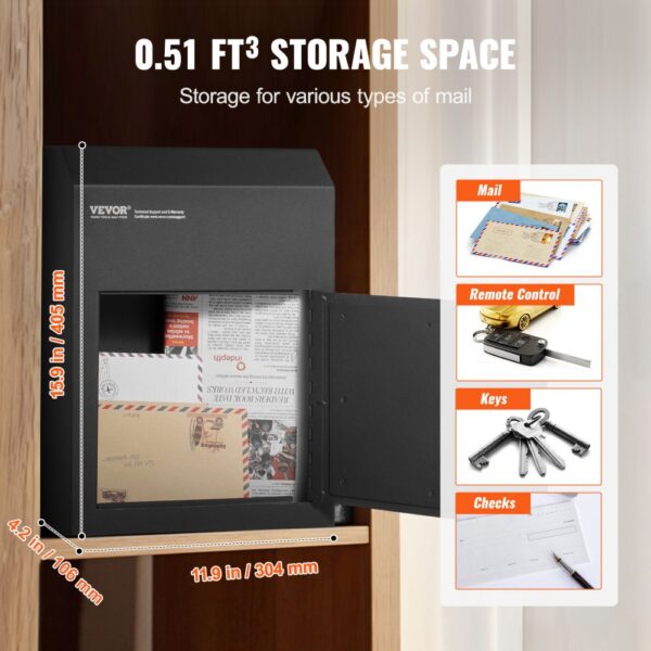 VEVOR Mauerdurchwurf Briefkasten, robuster Stahl-Einbaubriefkasten für Türen mit einer Stärke von 43 mm, Durchwurfbriefkasten inkl. 2 Schlüssel, 304 x 106 x 405 mm Briefkasten, Schwarz – Bild 3